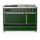 ILVE Majestic III 48-inch Dual Fuel Range with 5 Natural Gas Burner, Griddle, French Top and Solid Door Electric Oven in Emerald Green with Chrome Trim (UM48FSQNR3EGC)
