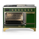 ILVE Majestic III 48-inch Dual Fuel Range with 5 Liquid Propane Burner, Griddle, French Top and Solid Door Electric Oven in Emerald Green with Brass Trim (UM48FSQNR3EGGLP)