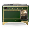 ILVE Majestic III 48-inch Dual Fuel Range with 5 Liquid Propane Burner, Griddle, French Top and Solid Door Electric Oven in Emerald Green with Brass Trim (UM48FSQNR3EGGLP)