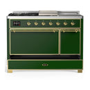 ILVE Majestic III 48-inch Dual Fuel Range with 5 Liquid Propane Burner, Griddle, French Top and Solid Door Electric Oven in Emerald Green with Brass Trim (UM48FSQNR3EGGLP)