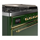 ILVE Majestic III 48-inch Dual Fuel Range with 5 Liquid Propane Burner, Griddle, French Top and Solid Door Electric Oven in Emerald Green with Brass Trim (UM48FSQNR3EGGLP)