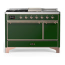 ILVE Majestic III 48-inch Dual Fuel Range with 5 Natural Gas Burner, Griddle, French Top and Solid Door Electric Oven in Emerald Green with Copper Trim (UM48FSQNR3EGP)