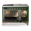 ILVE Majestic III 48-inch Dual Fuel Range with 5 Natural Gas Burner, Griddle, French Top and Solid Door Electric Oven in Emerald Green with Copper Trim (UM48FSQNR3EGP)