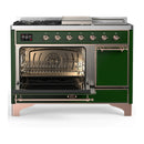 ILVE Majestic III 48-inch Dual Fuel Range with 5 Natural Gas Burner, Griddle, French Top and Solid Door Electric Oven in Emerald Green with Copper Trim (UM48FSQNR3EGP)