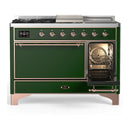 ILVE Majestic III 48-inch Dual Fuel Range with 5 Liquid Propane Burner, Griddle, French Top and Solid Door Electric Oven in Emerald Green with Copper Trim (UM48FSQNR3EGPLP)