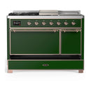 ILVE Majestic III 48-inch Dual Fuel Range with 5 Natural Gas Burner, Griddle, French Top and Solid Door Electric Oven in Emerald Green with Copper Trim (UM48FSQNR3EGP)