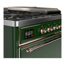 ILVE Majestic III 48-inch Dual Fuel Range with 5 Liquid Propane Burner, Griddle, French Top and Solid Door Electric Oven in Emerald Green with Copper Trim (UM48FSQNR3EGPLP)
