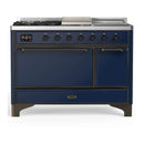 ILVE Majestic III 48-inch Dual Fuel Range with 5 Natural Gas Burner, Griddle, French Top and Solid Door Electric Oven in Midnight Blue with Burnished Trim (UM48FSQNR3MBB)