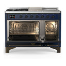 ILVE Majestic III 48-inch Dual Fuel Range with 5 Natural Gas Burner, Griddle, French Top and Solid Door Electric Oven in Midnight Blue with Burnished Trim (UM48FSQNR3MBB)