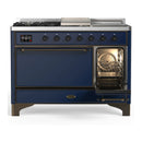 ILVE Majestic III 48-inch Dual Fuel Range with 5 Natural Gas Burner, Griddle, French Top and Solid Door Electric Oven in Midnight Blue with Burnished Trim (UM48FSQNR3MBB)