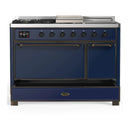 ILVE Majestic III 48-inch Dual Fuel Range with 5 Natural Gas Burner, Griddle, French Top and Solid Door Electric Oven in Midnight Blue with Burnished Trim (UM48FSQNR3MBB)