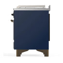 ILVE Majestic III 48-inch Dual Fuel Range with 5 Natural Gas Burner, Griddle, French Top and Solid Door Electric Oven in Midnight Blue with Burnished Trim (UM48FSQNR3MBB)