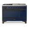 ILVE Majestic III 48-inch Dual Fuel Range with 5 Natural Gas Burner, Griddle, French Top and Solid Door Electric Oven in Midnight Blue with Burnished Trim (UM48FSQNR3MBB)