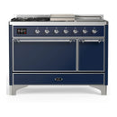 ILVE Majestic III 48-inch Dual Fuel Range with 5 Natural Gas Burner, Griddle, French Top and Solid Door Electric Oven in Midnight Blue with Chrome Trim (UM48FSQNR3MBC)