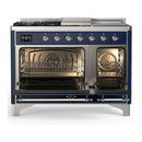 ILVE Majestic III 48-inch Dual Fuel Range with 5 Natural Gas Burner, Griddle, French Top and Solid Door Electric Oven in Midnight Blue with Chrome Trim (UM48FSQNR3MBC)