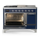 ILVE Majestic III 48-inch Dual Fuel Range with 5 Natural Gas Burner, Griddle, French Top and Solid Door Electric Oven in Midnight Blue with Chrome Trim (UM48FSQNR3MBC)