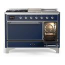 ILVE Majestic III 48-inch Dual Fuel Range with 5 Liquid Propane Burner, Griddle, French Top and Solid Door Electric Oven in Midnight Blue with Chrome Trim (UM48FSQNR3MBCLP)