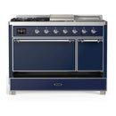 ILVE Majestic III 48-inch Dual Fuel Range with 5 Natural Gas Burner, Griddle, French Top and Solid Door Electric Oven in Midnight Blue with Chrome Trim (UM48FSQNR3MBC)