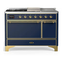 ILVE Majestic III 48-inch Dual Fuel Range with 5 Natural Gas Burner, Griddle, French Top and Solid Door Electric Oven in Blue Grey with Brass Trim (UM48FSQNR3MBG)