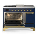 ILVE Majestic III 48-inch Dual Fuel Range with 5 Natural Gas Burner, Griddle, French Top and Solid Door Electric Oven in Blue Grey with Brass Trim (UM48FSQNR3MBG)