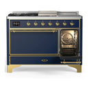 ILVE Majestic III 48-inch Dual Fuel Range with 5 Natural Gas Burner, Griddle, French Top and Solid Door Electric Oven in Blue Grey with Brass Trim (UM48FSQNR3MBG)