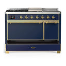 ILVE Majestic III 48-inch Dual Fuel Range with 5 Liquid Propane Burner, Griddle, French Top and Solid Door Electric Oven in Blue Grey with Brass Trim (UM48FSQNR3MBGLP)