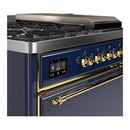 ILVE Majestic III 48-inch Dual Fuel Range with 5 Natural Gas Burner, Griddle, French Top and Solid Door Electric Oven in Blue Grey with Brass Trim (UM48FSQNR3MBG)