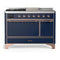 ILVE Majestic III 48-inch Dual Fuel Range with 5 Liquid Propane Burner, Griddle, French Top and Solid Door Electric Oven in Midnight Blue with Copper Trim (UM48FSQNR3MBPLP)