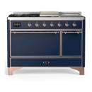 ILVE Majestic III 48-inch Dual Fuel Range with 5 Natural Gas Burner, Griddle, French Top and Solid Door Electric Oven in Midnight Blue with Copper Trim (UM48FSQNR3MBP)