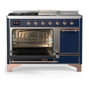 ILVE Majestic III 48-inch Dual Fuel Range with 5 Natural Gas Burner, Griddle, French Top and Solid Door Electric Oven in Midnight Blue with Copper Trim (UM48FSQNR3MBP)