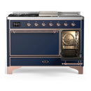 ILVE Majestic III 48-inch Dual Fuel Range with 5 Natural Gas Burner, Griddle, French Top and Solid Door Electric Oven in Midnight Blue with Copper Trim (UM48FSQNR3MBP)