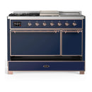 ILVE Majestic III 48-inch Dual Fuel Range with 5 Natural Gas Burner, Griddle, French Top and Solid Door Electric Oven in Midnight Blue with Copper Trim (UM48FSQNR3MBP)