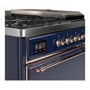ILVE Majestic III 48-inch Dual Fuel Range with 5 Natural Gas Burner, Griddle, French Top and Solid Door Electric Oven in Midnight Blue with Copper Trim (UM48FSQNR3MBP)