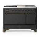 ILVE Majestic III 48-inch Dual Fuel Range with 5 Liquid Propane Burner, Griddle, French Top and Solid Door Electric Oven in Graphite Matte with Burnished Trim (UM48FSQNR3MGBLP)