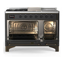 ILVE Majestic III 48-inch Dual Fuel Range with 5 Liquid Propane Burner, Griddle, French Top and Solid Door Electric Oven in Graphite Matte with Burnished Trim (UM48FSQNR3MGBLP)