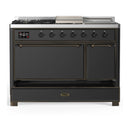 ILVE Majestic III 48-inch Dual Fuel Range with 5 Liquid Propane Burner, Griddle, French Top and Solid Door Electric Oven in Graphite Matte with Burnished Trim (UM48FSQNR3MGBLP)