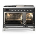 ILVE Majestic III 48-inch Dual Fuel Range with 5 Natural Gas Burner, Griddle, French Top and Solid Door Electric Oven in Graphite Matte with Chrome Trim (UM48FSQNR3MGC)
