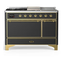 ILVE Majestic III 48-inch Dual Fuel Range with 5 Natural Gas Burner, Griddle, French Top and Solid Door Electric Oven in Graphite Matte with Brass Trim (UM48FSQNR3MGG)