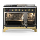 ILVE Majestic III 48-inch Dual Fuel Range with 5 Liquid Propane Burner, Griddle, French Top and Solid Door Electric Oven in Graphite Matte with Brass Trim (UM48FSQNR3MGGLP)
