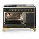 ILVE Majestic III 48-inch Dual Fuel Range with 5 Liquid Propane Burner, Griddle, French Top and Solid Door Electric Oven in Graphite Matte with Brass Trim (UM48FSQNR3MGGLP)