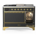 ILVE Majestic III 48-inch Dual Fuel Range with 5 Natural Gas Burner, Griddle, French Top and Solid Door Electric Oven in Graphite Matte with Brass Trim (UM48FSQNR3MGG)