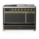 ILVE Majestic III 48-inch Dual Fuel Range with 5 Liquid Propane Burner, Griddle, French Top and Solid Door Electric Oven in Graphite Matte with Brass Trim (UM48FSQNR3MGGLP)