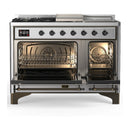 ILVE Majestic III 48-inch Dual Fuel Range with 5 Liquid Propane Burner, Griddle, French Top and Solid Door Electric Oven in Stainless Steel with Burnished Trim (UM48FSQNR3SSBLP)