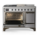 ILVE Majestic III 48-inch Dual Fuel Range with 5 Natural Gas Burner, Griddle, French Top and Solid Door Electric Oven in Stainless Steel with Burnished Trim (UM48FSQNR3SSB)