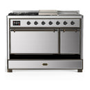 ILVE Majestic III 48-inch Dual Fuel Range with 5 Natural Gas Burner, Griddle, French Top and Solid Door Electric Oven in Stainless Steel with Burnished Trim (UM48FSQNR3SSB)