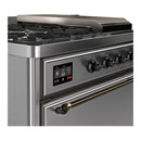 ILVE Majestic III 48-inch Dual Fuel Range with 5 Natural Gas Burner, Griddle, French Top and Solid Door Electric Oven in Stainless Steel with Burnished Trim (UM48FSQNR3SSB)