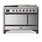 ILVE Majestic III 48-inch Dual Fuel Range with 5 Natural Gas Burner, Griddle, French Top and Solid Door Electric Oven in Stainless Steel with Burnished Trim (UM48FSQNR3SSB)