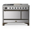 ILVE Majestic III 48-inch Dual Fuel Range with 5 Liquid Propane Burner, Griddle, French Top and Solid Door Electric Oven in Stainless Steel with Burnished Trim (UM48FSQNR3SSBLP)