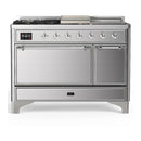 ILVE Majestic III 48-inch Dual Fuel Range with 5 Natural Gas Burner, Griddle, French Top and Solid Door Electric Oven in Stainless Steel with Chrome Trim (UM48FSQNR3SSC)
