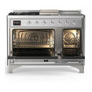 ILVE Majestic III 48-inch Dual Fuel Range with 5 Natural Gas Burner, Griddle, French Top and Solid Door Electric Oven in Stainless Steel with Chrome Trim (UM48FSQNR3SSC)